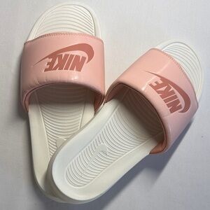 Nike Women's Pink and White Slide Sandals